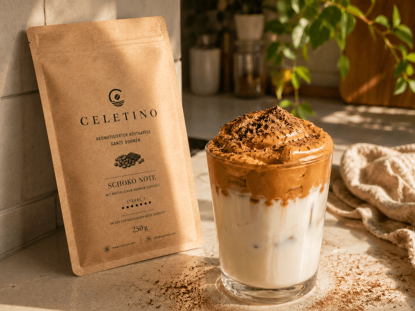 Titelbild: Dalgona Coffee mit Celetino Schoko Kaffee